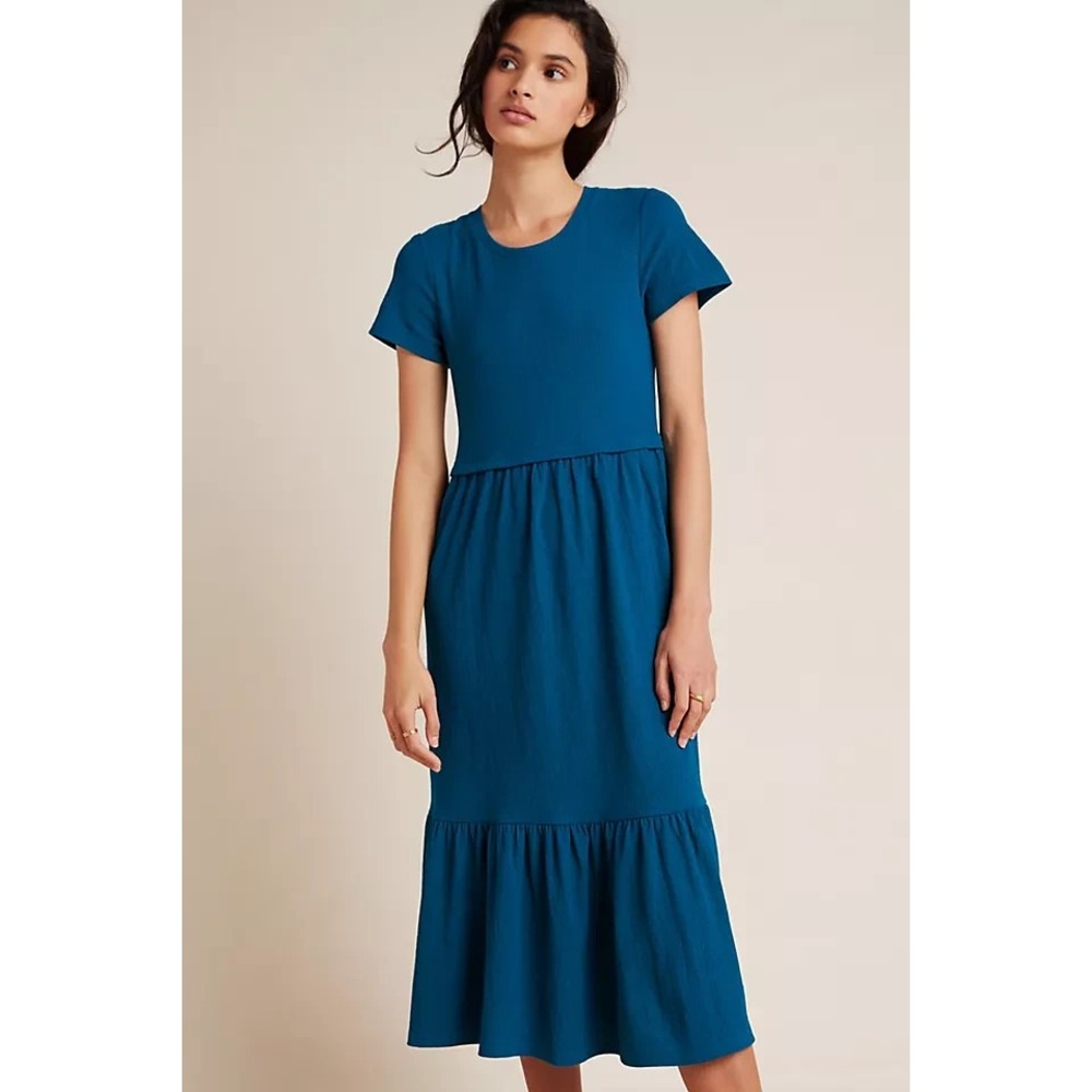 Anthropologie Saturday Sunday Suri Tiered Midi Dress Womens Size XS Teal Stretch